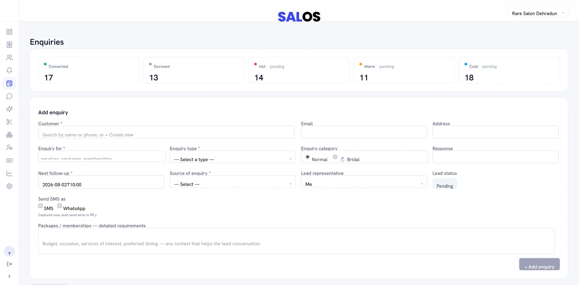Enquiries screen in Salos
