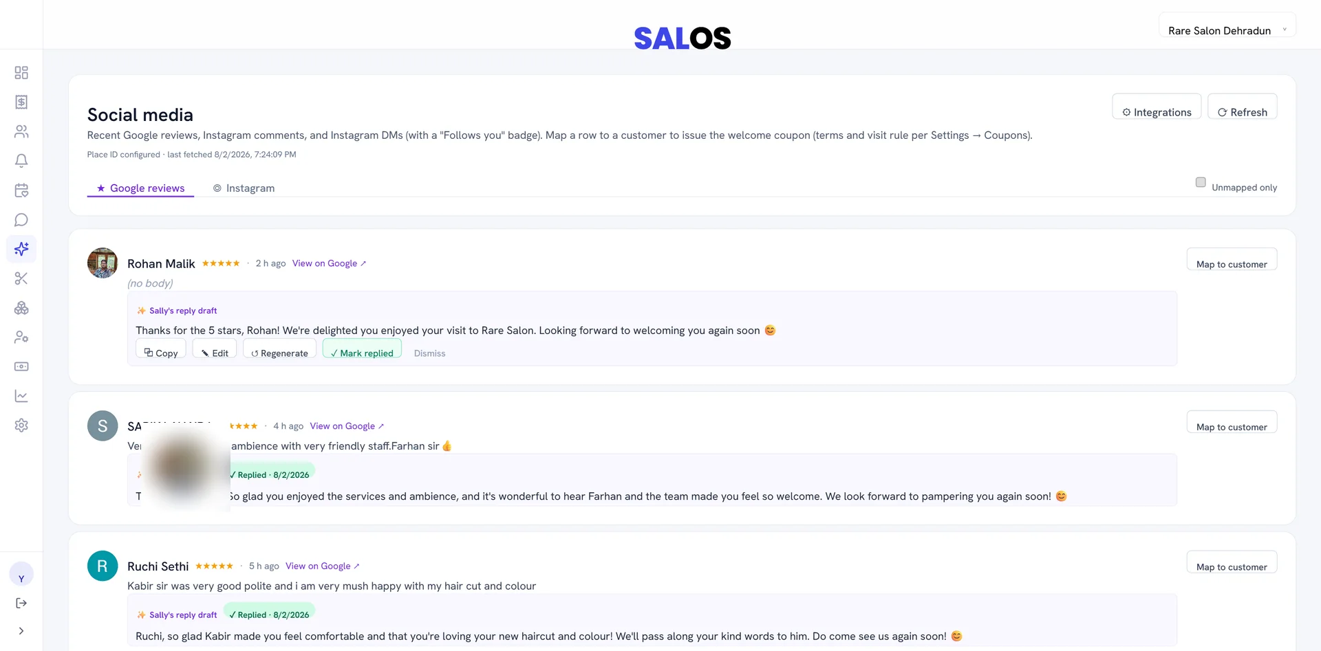 Reviews & Social screen in Salos